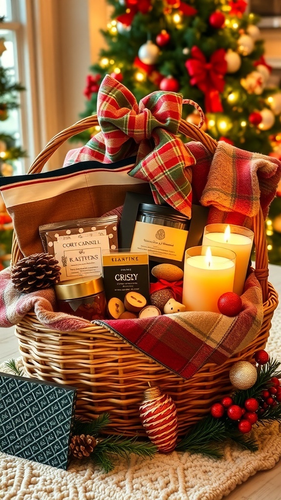 A colorful Christmas gift basket with chocolates, candles, and a blanket, decorated with a ribbon.